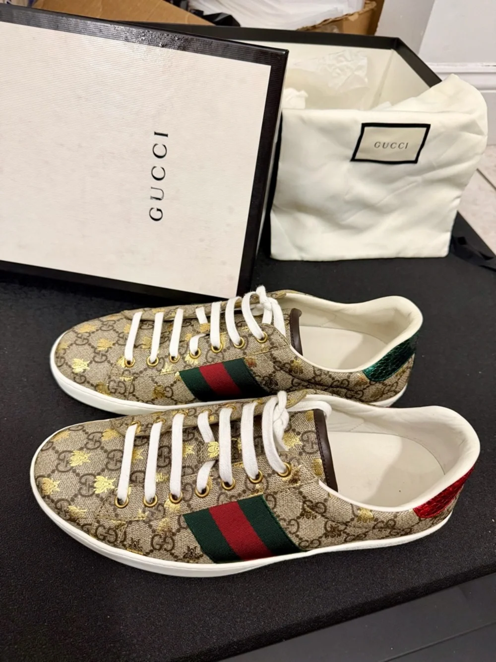 Gucci Beige Monogram Ace Sneaker with Green & Red Web